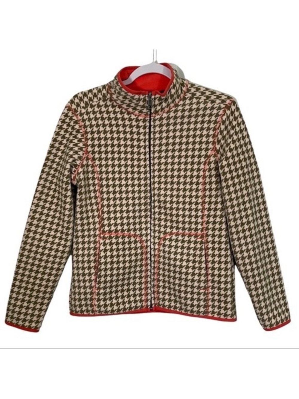 White Sierra Fleece Houndstooth Jacket Soft Comfy Cozy Sporty Fall Zip Up Size S